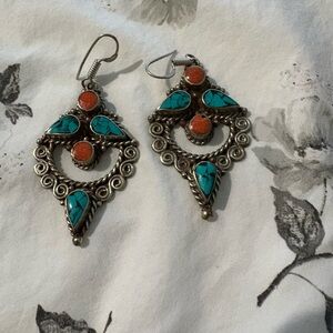 Turquoise and Coral Pendant earrings middleastern